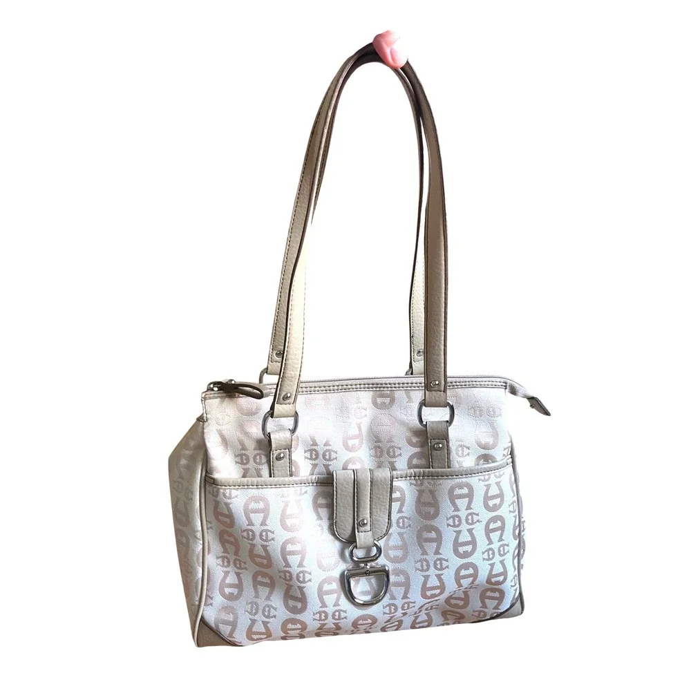 Etienne Aigner Beige Monogram Jacquard Shoulder Bag Purse Silver Hardware Summer